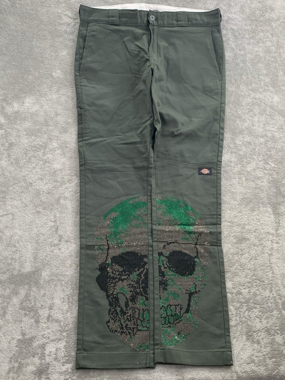 Dickies Pants Men's 32x32” Skinny Fit Double Knee Olive Green Bedazzled WP811OG